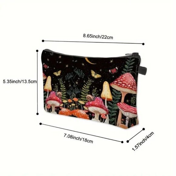 Red Mushroom and Butterfly Lightweight Zippered Cosmetic Makeup Bag Double Sided - Picture 2 of 2